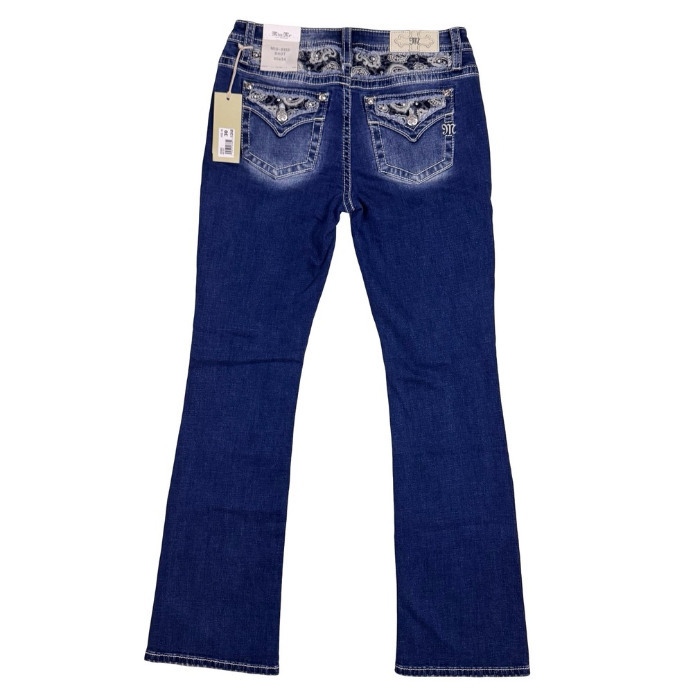Miss Me Womens Mid Rise Bootcut Jeans Medium Wash Paisley Sequin M9368BL 30x34